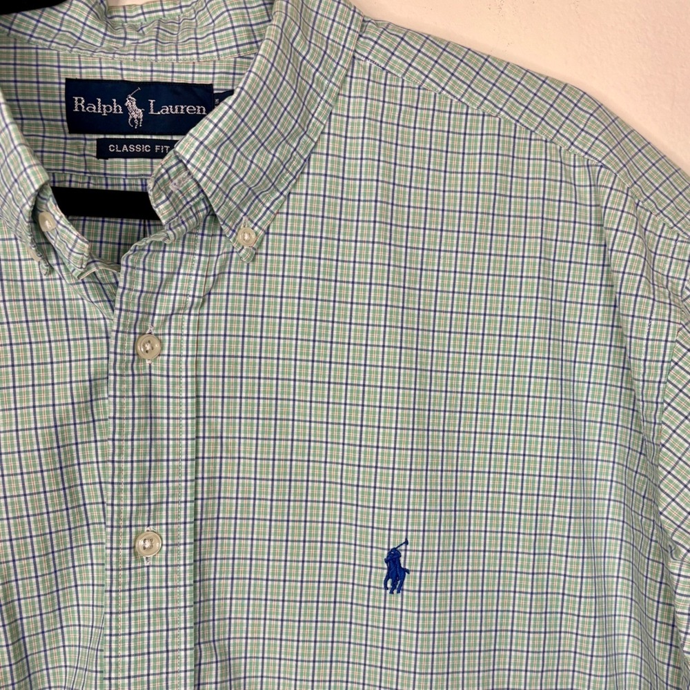 Ralph Lauren Mens XXL Plaid Button Down Shirt Green Blue‎ Short Sleeve
